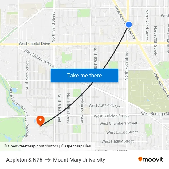 Appleton & N76 to Mount Mary University map