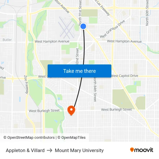 Appleton & Villard to Mount Mary University map