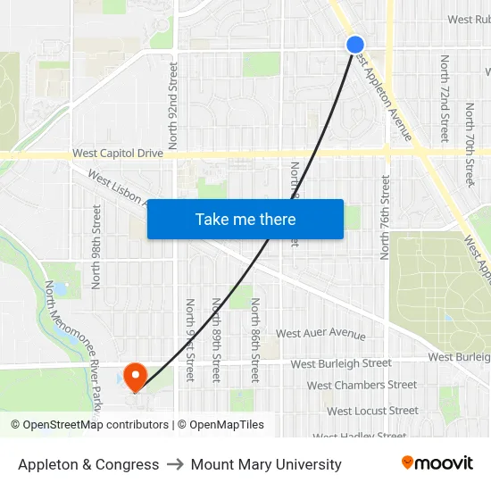 Appleton & Congress to Mount Mary University map