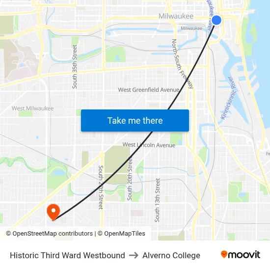 Historic Third Ward Westbound to Alverno College map