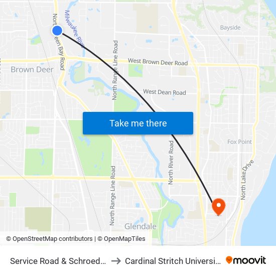Service Road & Schroeder to Cardinal Stritch University map