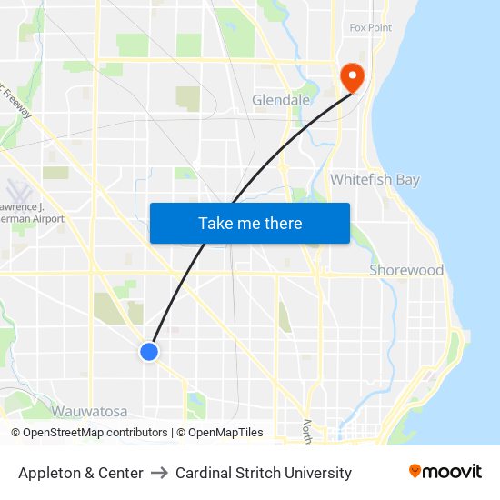 Appleton & Center to Cardinal Stritch University map