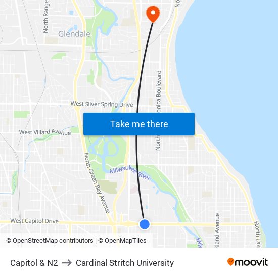 Capitol & N2 to Cardinal Stritch University map