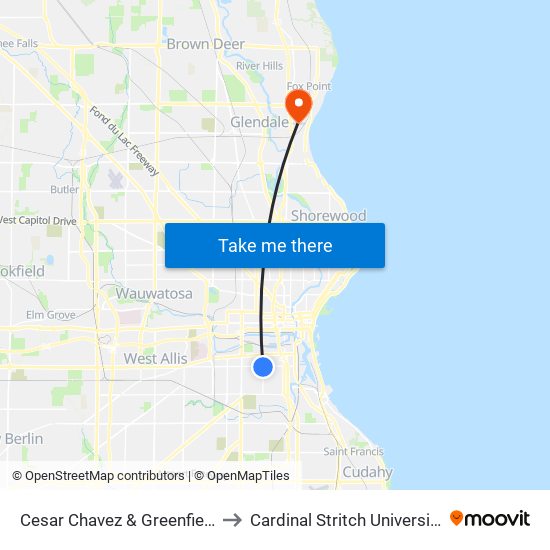 Cesar Chavez & Greenfield to Cardinal Stritch University map