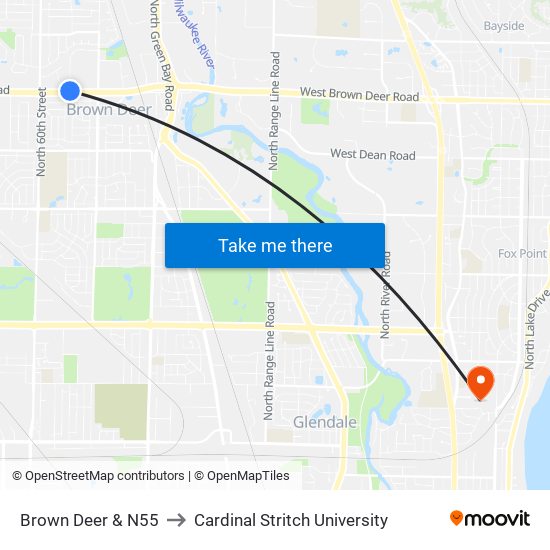 Brown Deer & N55 to Cardinal Stritch University map