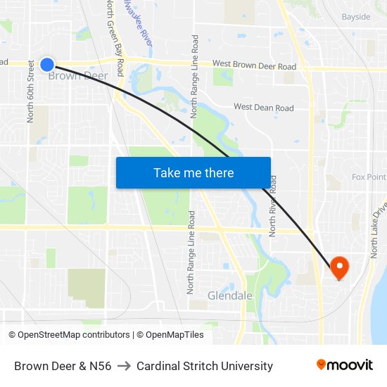 Brown Deer & N56 to Cardinal Stritch University map