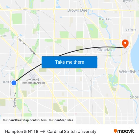 Hampton & N118 to Cardinal Stritch University map