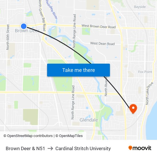Brown Deer & N51 to Cardinal Stritch University map