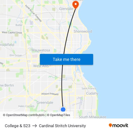 College & S23 to Cardinal Stritch University map