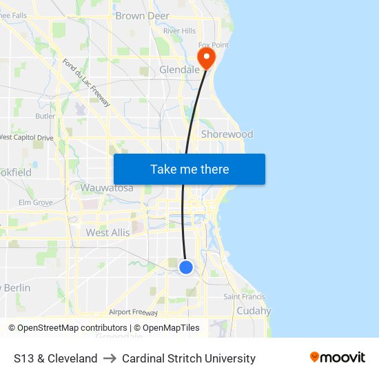 S13 & Cleveland to Cardinal Stritch University map