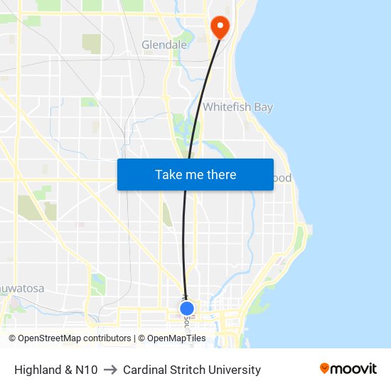 Highland & N10 to Cardinal Stritch University map