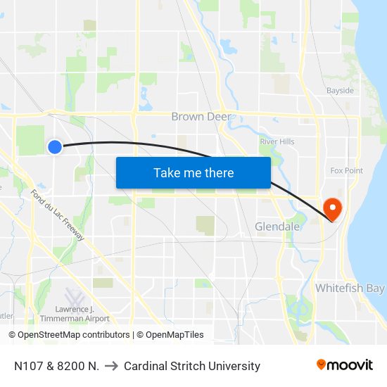 N107 & 8200 N. to Cardinal Stritch University map