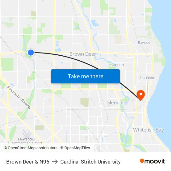 Brown Deer & N96 to Cardinal Stritch University map