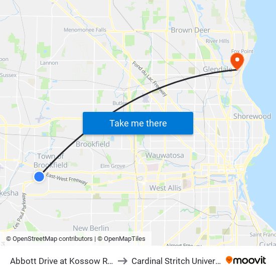 Abbott Drive at Kossow Road to Cardinal Stritch University map