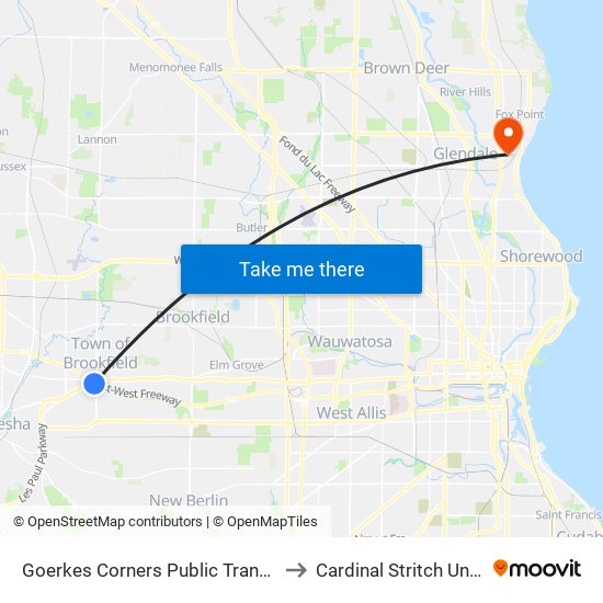 Goerkes Corners Public Transit Station to Cardinal Stritch University map