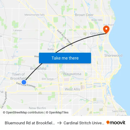 Bluemound Rd at Brookfield Rd. to Cardinal Stritch University map