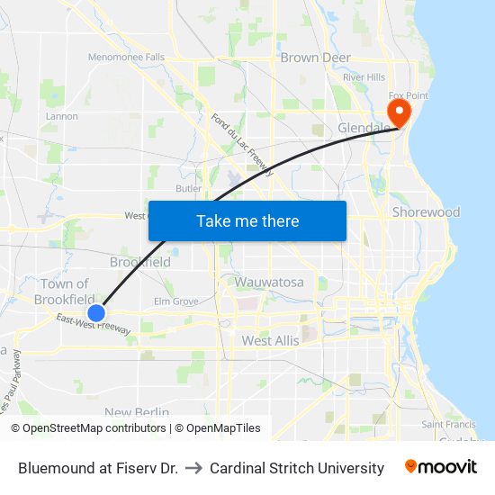 Bluemound at Fiserv Dr. to Cardinal Stritch University map