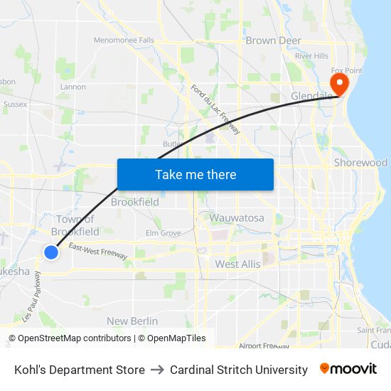 Kohl's Department Store to Cardinal Stritch University map