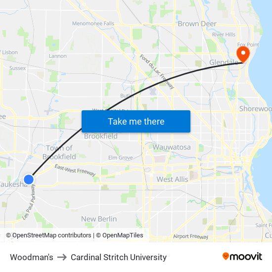 Woodman's to Cardinal Stritch University map