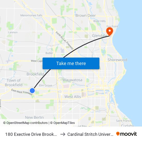180 Exective Drive Brookfield to Cardinal Stritch University map