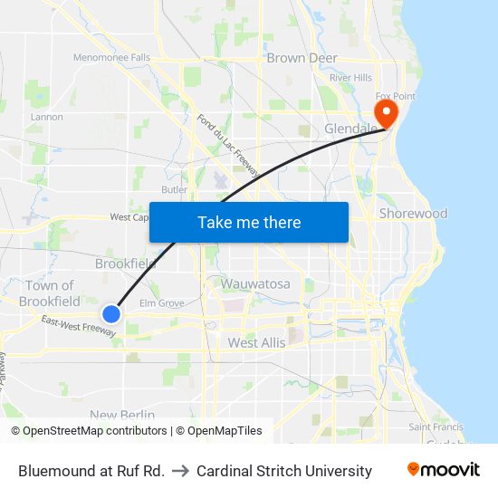 Bluemound at Ruf Rd. to Cardinal Stritch University map