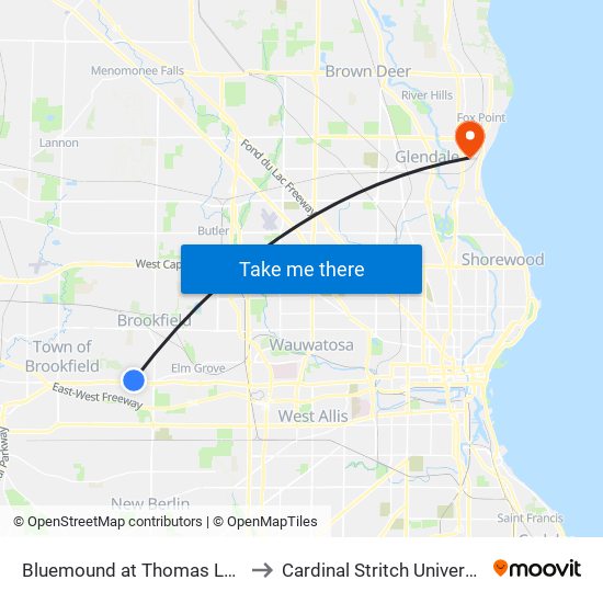 Bluemound at Thomas Lane to Cardinal Stritch University map