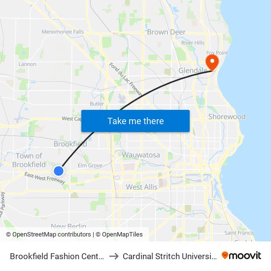 Brookfield Fashion Center to Cardinal Stritch University map