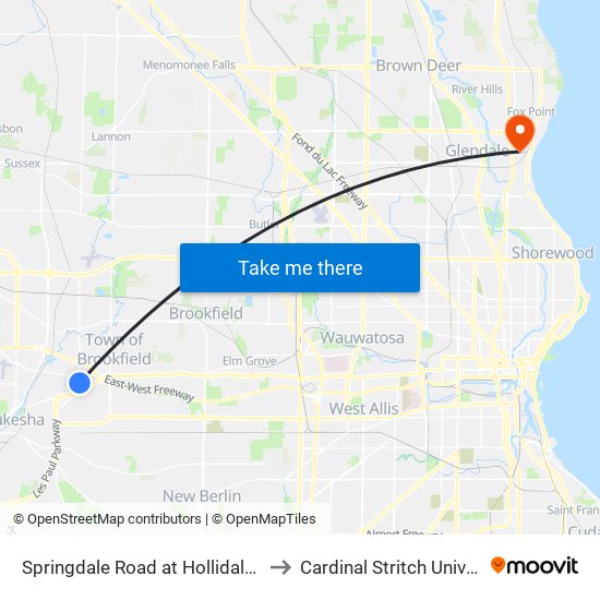 Springdale Road at Hollidale Drive to Cardinal Stritch University map