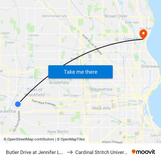 Butler Drive at Jennifer Lane to Cardinal Stritch University map
