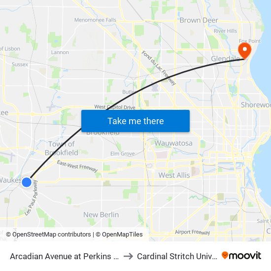 Arcadian Avenue at Perkins Avenue to Cardinal Stritch University map