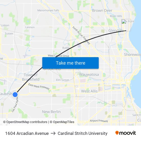1604 Arcadian Avenue to Cardinal Stritch University map
