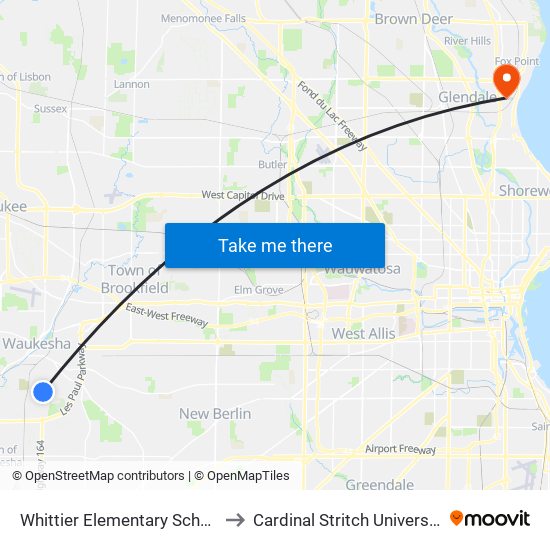 Whittier Elementary School to Cardinal Stritch University map