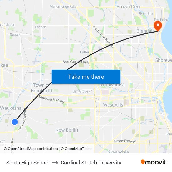 South High School to Cardinal Stritch University map