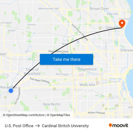 U.S. Post Office to Cardinal Stritch University map