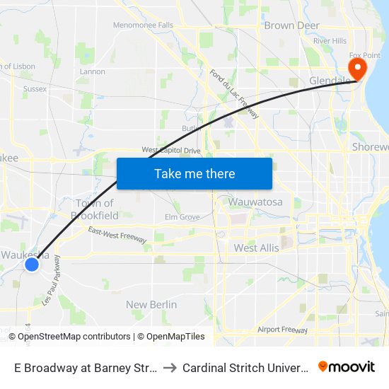 E Broadway at Barney Street to Cardinal Stritch University map