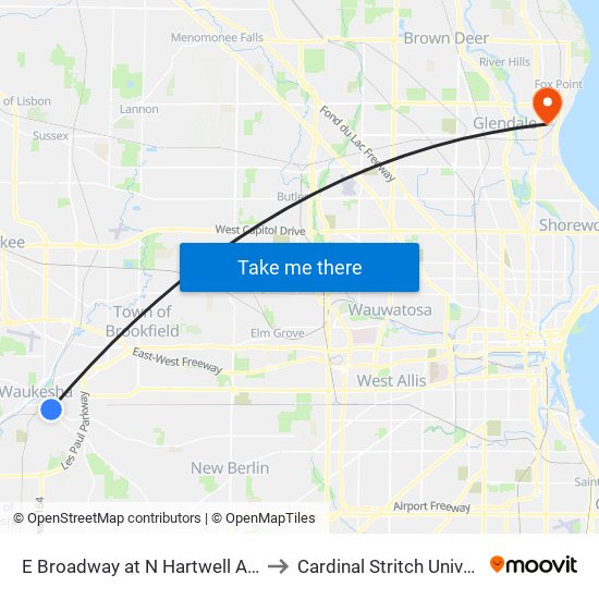 E Broadway at N Hartwell Avenue to Cardinal Stritch University map