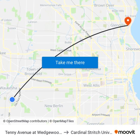 Tenny Avenue at Wedgewood Drive to Cardinal Stritch University map