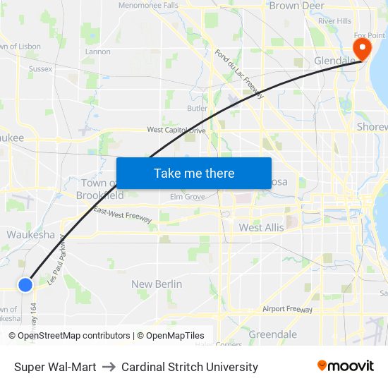 Super Wal-Mart to Cardinal Stritch University map