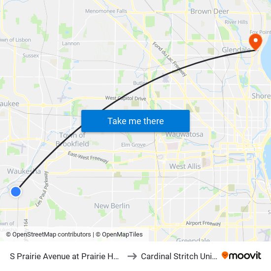 S Prairie Avenue at Prairie Home Drive to Cardinal Stritch University map