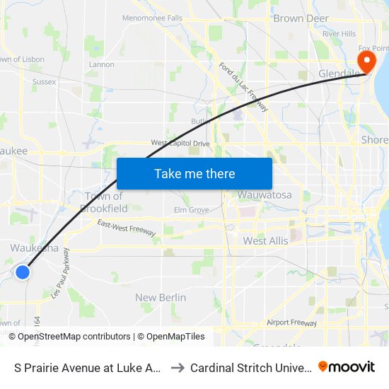 S Prairie Avenue at Luke Avenue to Cardinal Stritch University map