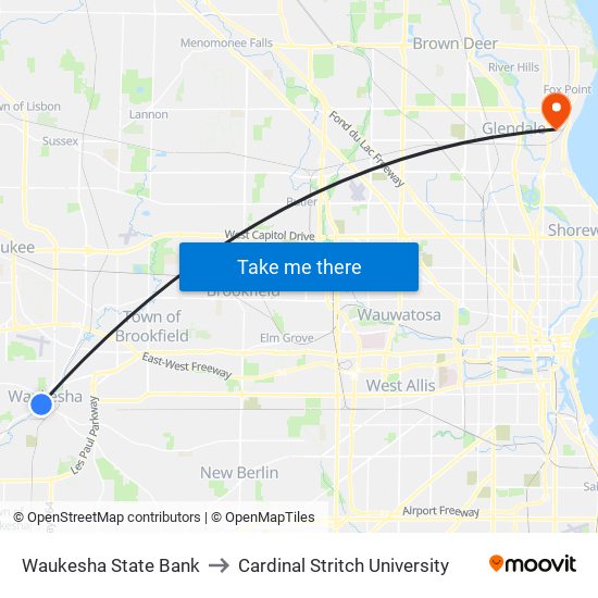 Waukesha State Bank to Cardinal Stritch University map