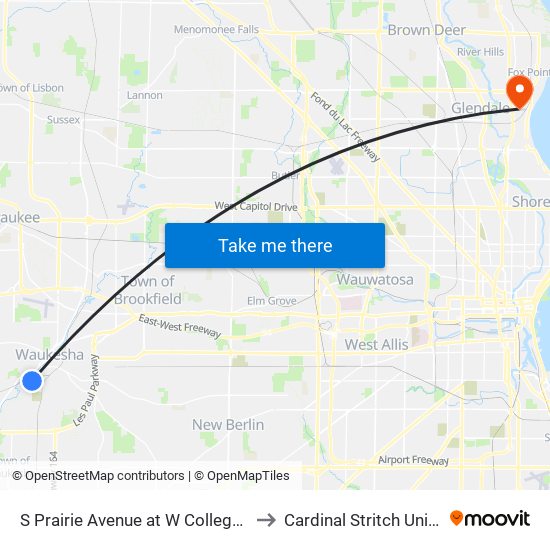 S Prairie Avenue at W College Avenue to Cardinal Stritch University map