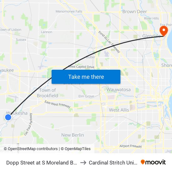 Dopp Street at S Moreland Boulevard to Cardinal Stritch University map