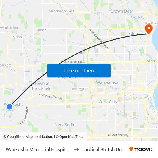 Waukesha Memorial Hospital Main E to Cardinal Stritch University map