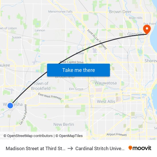 Madison Street at Third Street to Cardinal Stritch University map