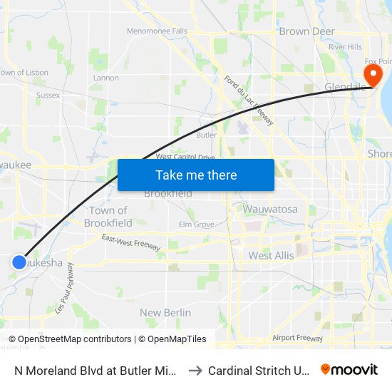 N Moreland Blvd at Butler Middle School to Cardinal Stritch University map