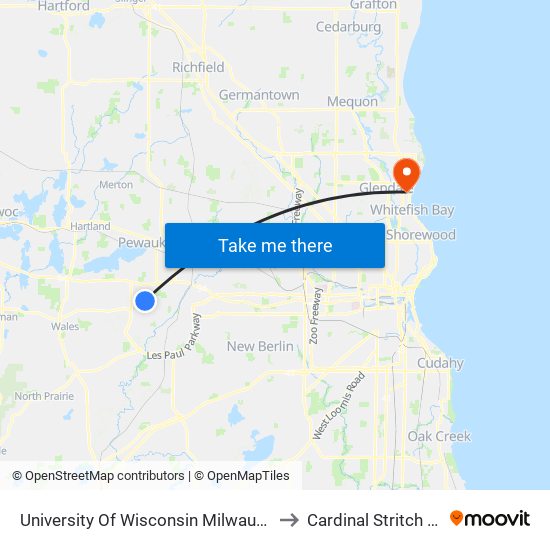 University Of Wisconsin Milwaukee at Waukesha to Cardinal Stritch University map