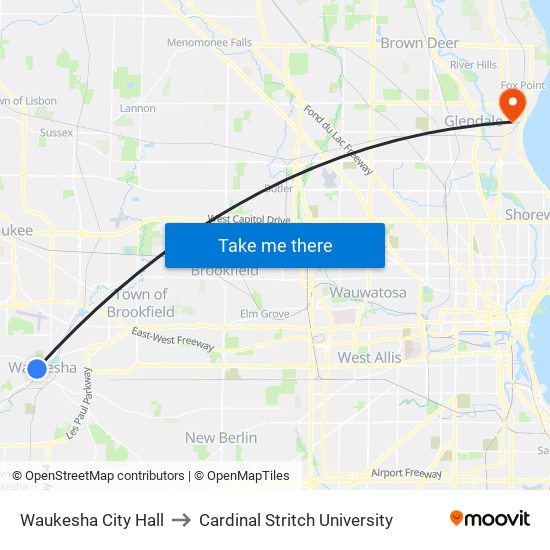 Waukesha City Hall to Cardinal Stritch University map