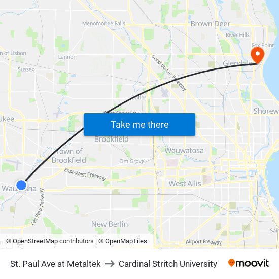 St. Paul Ave at Metaltek to Cardinal Stritch University map