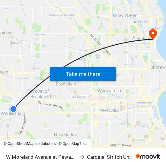 W Moreland Avenue at Pewaukee Road to Cardinal Stritch University map